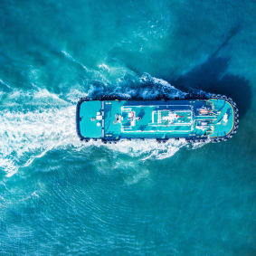 bird's eye view of cargo ship at sea