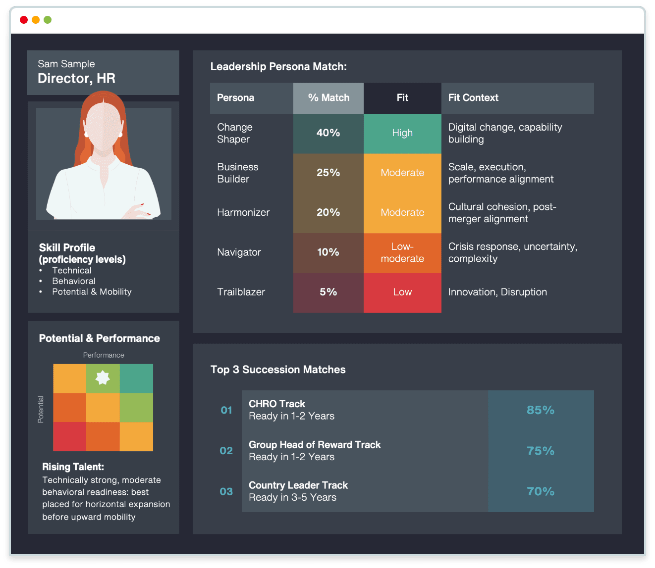 Example of the types of data-driven insights Aon’s assessments and other tools can bring to succession planning