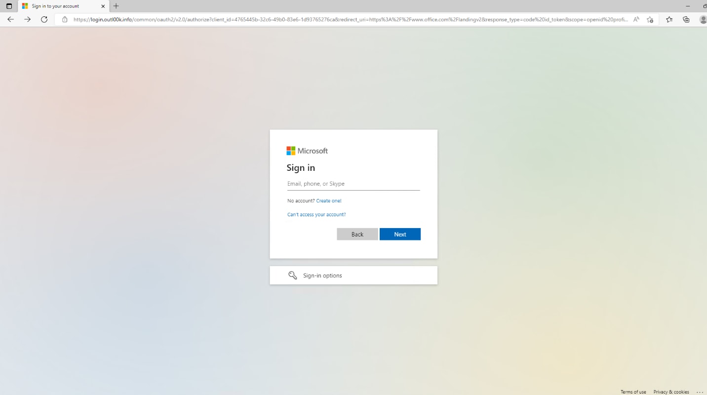 Fraudulent login page displayed to victim from built-in Evilginx2 O365 phishlet