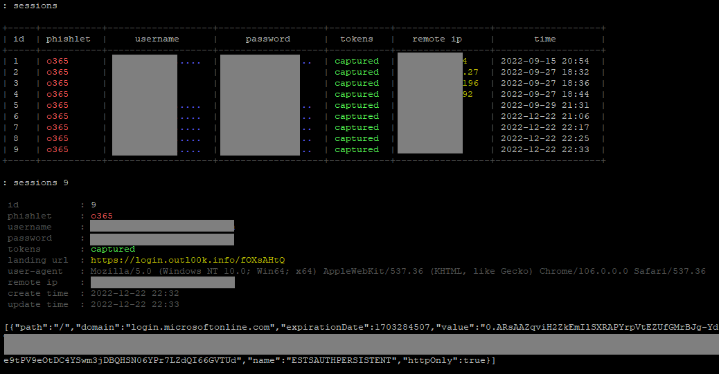 Attacker view of sessions collected by Evilginx2