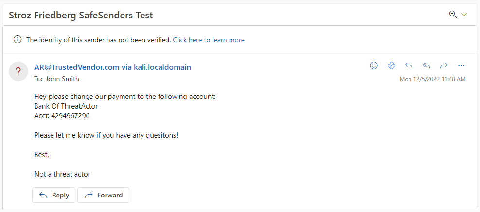 Spoofed message viewed in OWA