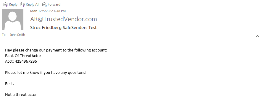 Spoofed message viewed in Outlook 2016