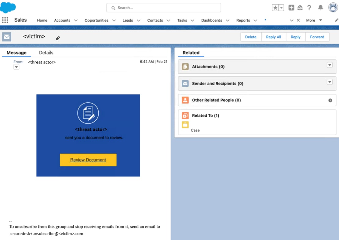 Malicious phishing link submitted onto the Salesforce platform as a service request.